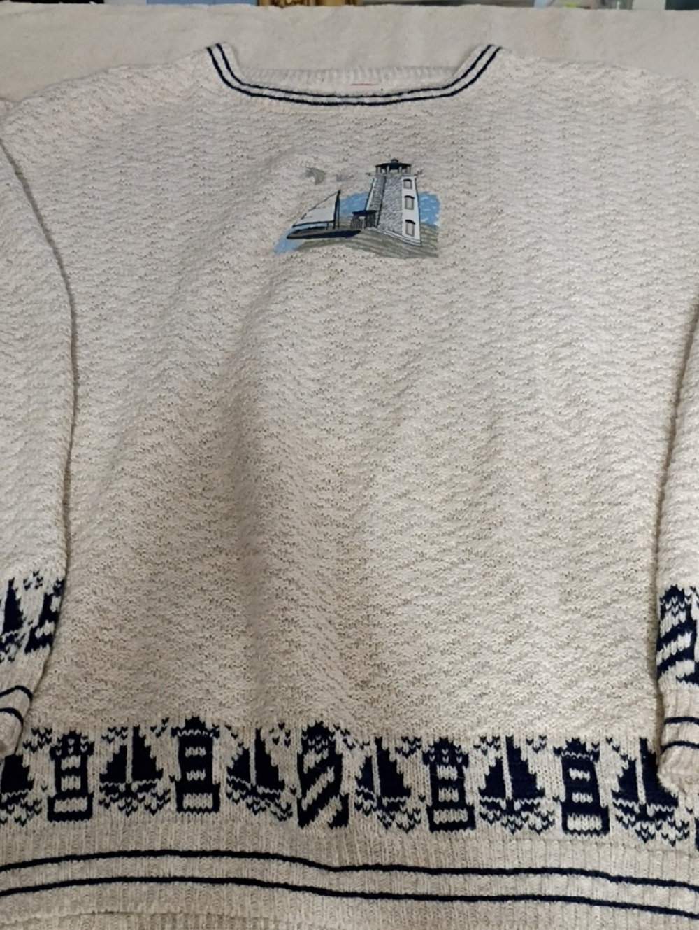 Northern Reflections Cream Crewneck Sweater with Navy Nautical Motifs